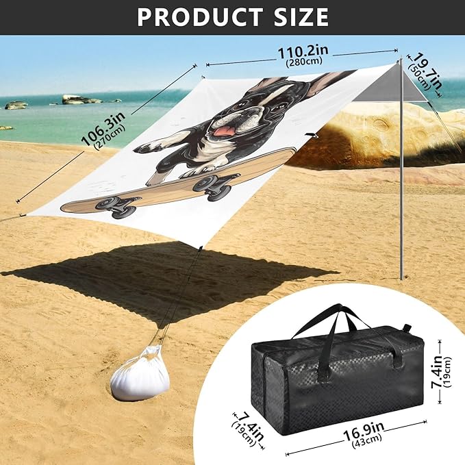 ALAZA French Bulldog Skateboard Cartoon Beach Tent Sun Shelter Portable Canopy Sunshade for Outdoor Camping Picnics Backyard Fun 10x9 ft