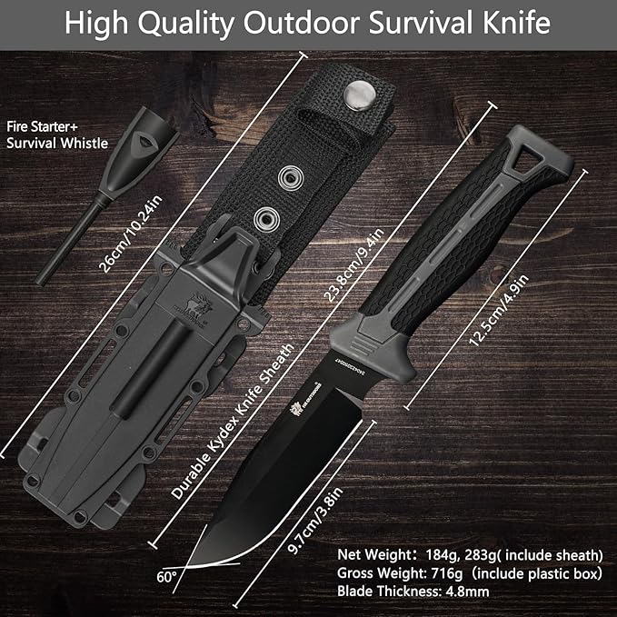 HX OUTDOORS Extra Sharp Bushcraft Knife with Fire Starter Premium D2 Steel Fixed Blade Survival Camping Knife with Ferro Rod Plastic Sheath for Outdoor Hiking Backpacking (Black)