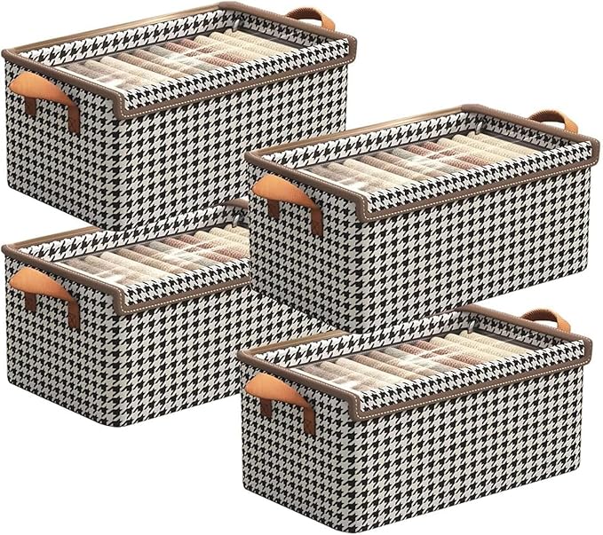 4PCS Foldable Storage Box with Lid - Extra Large Fabric Closet Organizer for Clothes 18.5x11x7.9 Inch Canvas Bin Collapsible Design for Bedroom Shelf Closet Underbed (Black &amp White)
