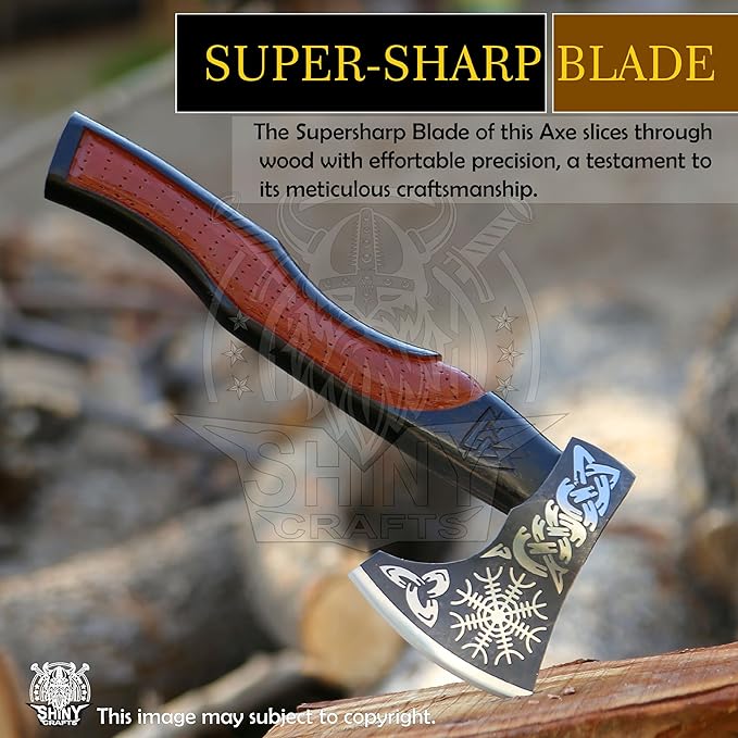 SHINY CRAFTS® Handcrafted Viking Axe – Nordic Engraved Blade with Wooden Handle Unique Gift for Men Collectors and Fantasy Enthusiasts (SCA-01)