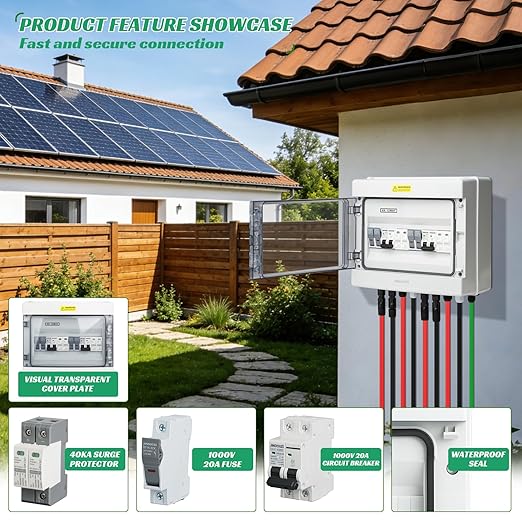 2 in 2 Out Solar Combiner BoxPV Combiner Box with 20A PV FuseDC 20A Circuit Breaker and Surge ProtectorIP65 Solar Disconnect Switch Box for Indoor Outdoor Solar Panel System (2 in 2 Out 20A 1000V)