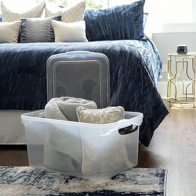 HOMZ 4-Pack Secure Latch Clear Plastic Storage Organizer Bins 66 Quart Gray Latches - Stackable Container Boxes for Bedroom Bathroom Garage and Office Organization