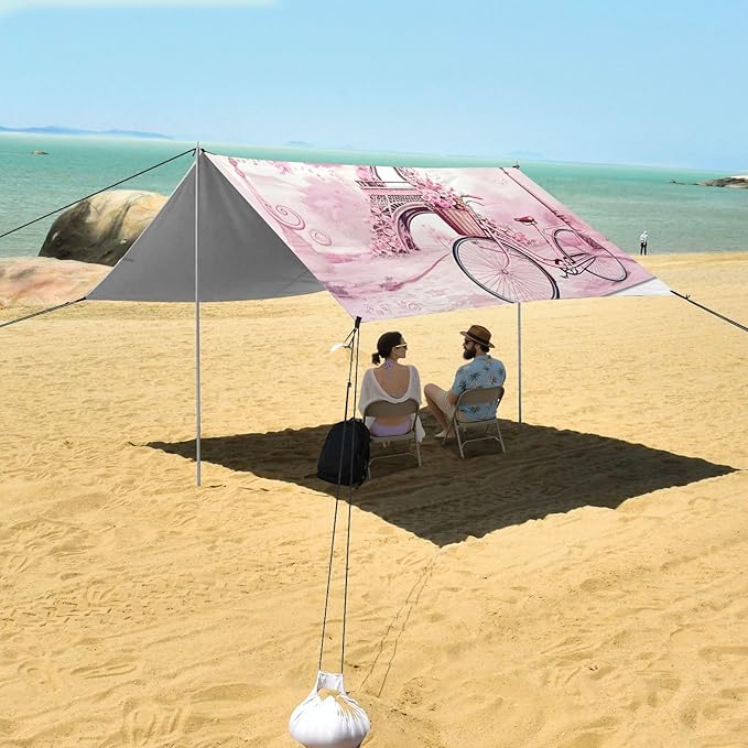 xigua Eiffel Tower Beach Tent Sun Shelter with Carrying Bag - Silver Coated Oxford Fabric Beach Canopy for Beach Camping Fishing - Includes Windproof Ropes Sandbags &amp Stakes