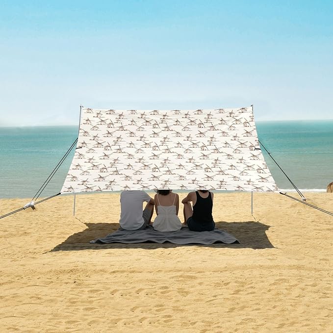 ALAZA Retro Windmill Beach Tent Sun Shelter UPF50+ Protection Beach Shade Canopy w/ 4 Sandbags for Outdoor Camping Fishing Backyard Fun Picnic 10x9 ft