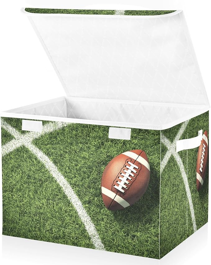 Foldable Storage Bin Basket with Lid - Football Field Sport Large Collapsible Storage Box Organizer for Home Office &amp Books Clothes Storage 16.5x12.6x11.8