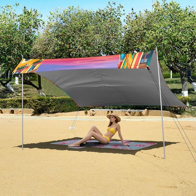 Beach Canopy with Windproof Ropes &amp Sandbags Beach Tent Sun Shade Sun Shelter for Camping Trips Fishing Backyard Fun or Picnics Venetian Pattern