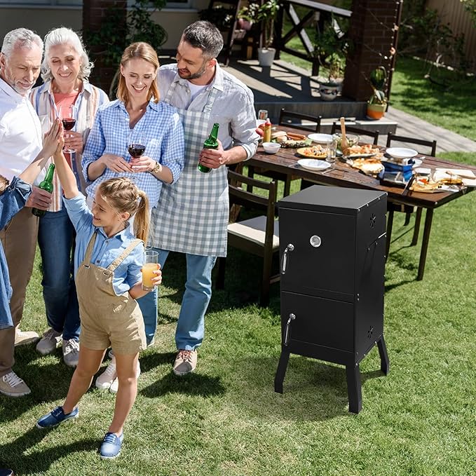 40 Vertical Steel Charcoal Smoker GrillHeavy Duty BBQ GrillsOutdoor Camping Backyard Barbecue GrillMetal Barbecue Smokerswith Thermometerfor Patio Garden Beach Porch Lawn Yard (Black)