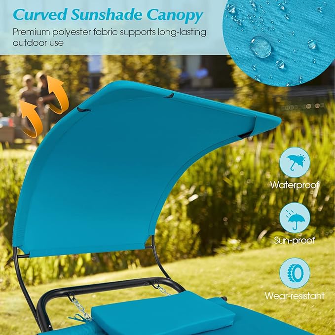 Giantex Hanging Hammock with Stand Patio Hanging Chaise Lounge Chair w/Canopy Cushion Pillow &amp Storage Bag Heavy Duty Swing Hammock Bed for Garden Lawn Backyard Patio Poolside Porch (Blue)