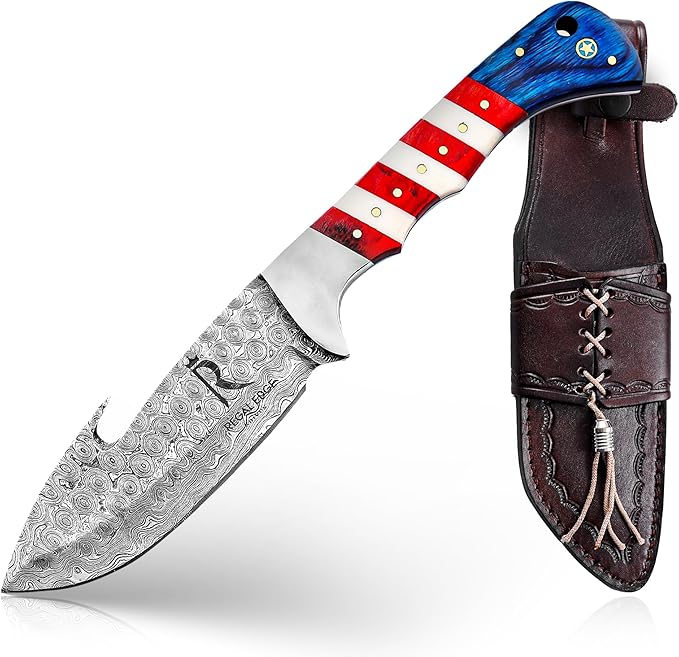 10 Damascus Hunting Knife with Gut Hook Fixed Blade Knife with Sheath American Flag Handle Full Tang Fixed Blade Knife Tactical Survival Knife for Men Damascus Steel Knives Camping Outdoor Field