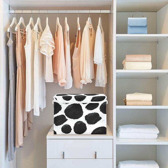 Storage Bins With Lid Stackable Fabric Closet Organizer Clothing Storage Large Boxes For Closet Shelves Bedroom Black White Cow Print