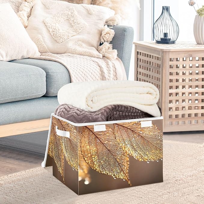 Elegant Leaf Storage Basket Bins with Lid Collapsible Flip-top with Handle for Home Office 16.5×12.6×11.8 in