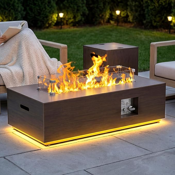 SUNPEAK 42 Modern Fire Pit Table with LED Light 50000 BTU Deck Fire Pit Table Includes Wind Guard Lid Rocks &amp Cover - Propane Gas Patio Fireplace Chimenea para Patio (Grey/Golden Light 42 L