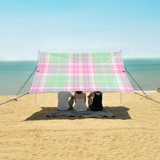 xigua Plaid Beach Tent Sun Shelter with Carrying Bag - Silver Coated Oxford Fabric Beach Canopy for Beach Camping Fishing - Includes Windproof Ropes Sandbags &amp Stakes