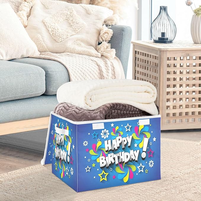 YETTASBIN Happy Birthday Storage Basket with Lid and Handles Large Collapsible Fabric Storage Bins Sturdy Storage Organizer for Shelves Closet Bedroom School Office Home Decor