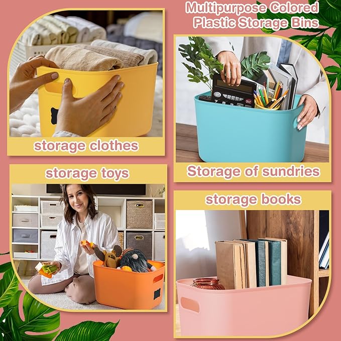 Thyle 12 Pack 7 Quarts Plastic Storage Bins Stackable Baskets with Lid and Handle with Label Colorful Desktop Box Toy Containers for Classroom Shelf Bedroom 10 x 7 x 6 Inch (Classic Color)