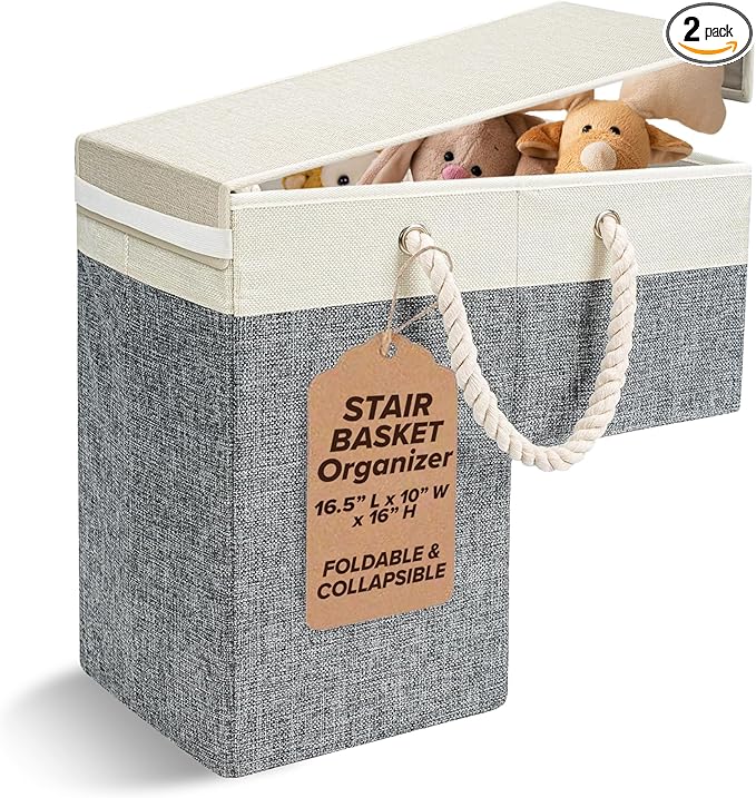2 PACK | Stair Basket Organizer with Top Lid for Carpeted Stairs &amp Wooden Staircases. Versatile Sturdy Linen Storage Bag for Climbing Laundry &amp Shoe