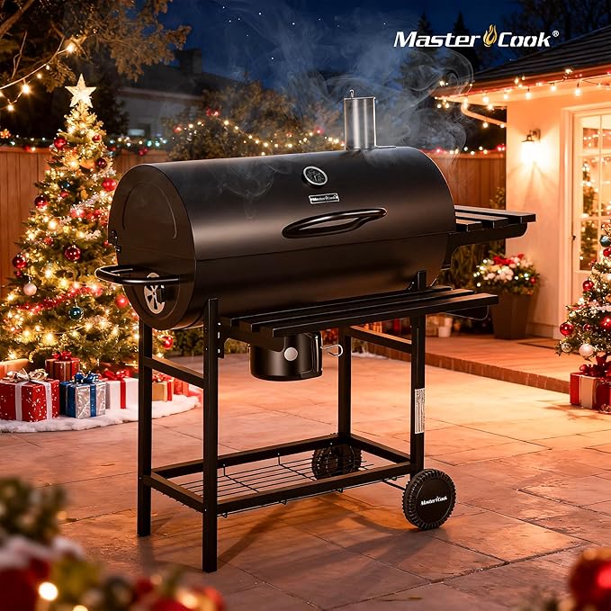 MASTER COOK Barrel Charcoal Grill with Foldable Front Shelf 686 Sq.in. Cooking Area Outdoor bbq GrillThermometer and Adjustable Air Vents for Patio PartiesBackyard Tailgating Black