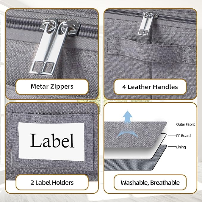 Yawinhe Foldable Underbed Storage Bags Containers Bin with Lids Large Under Bed Organizer Box with Sturdy Zipper und Label Holders for Clothing 31.5''Lx15.7''Wx6''H 4 Pack Grey