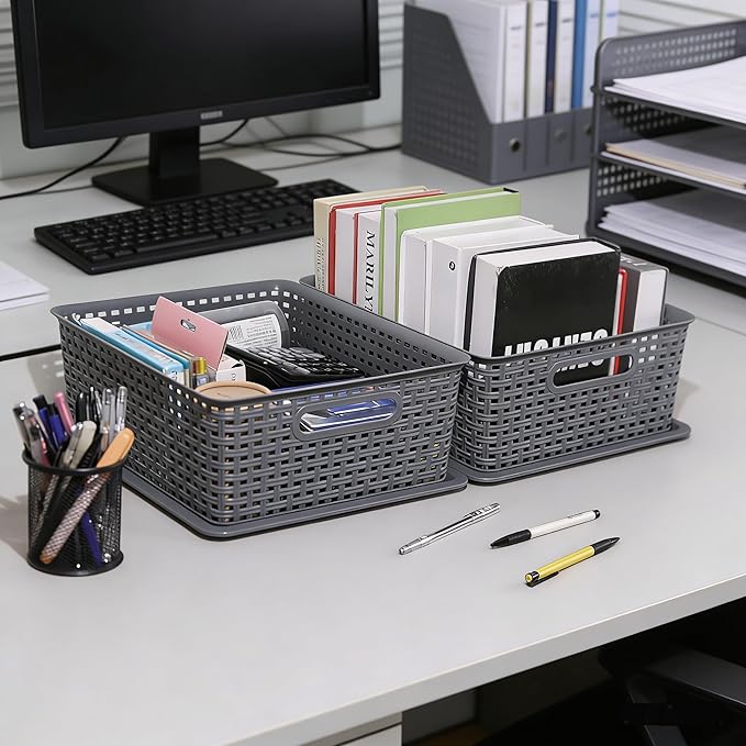 6 Pack Plastic Storage Bins with Lids Stackable Storage Baskets with Handles Plastic Organizer Container Bins for DeskShelvesOffice Pantry Organizers and Storage Grey