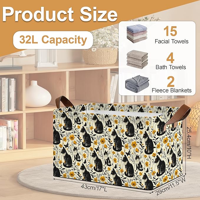 Black Cat Flower Storage Bin with Handles Basket Storage Organizer for Shelves Closet Nursery Book Laundry Hamper &amp Home Decor
