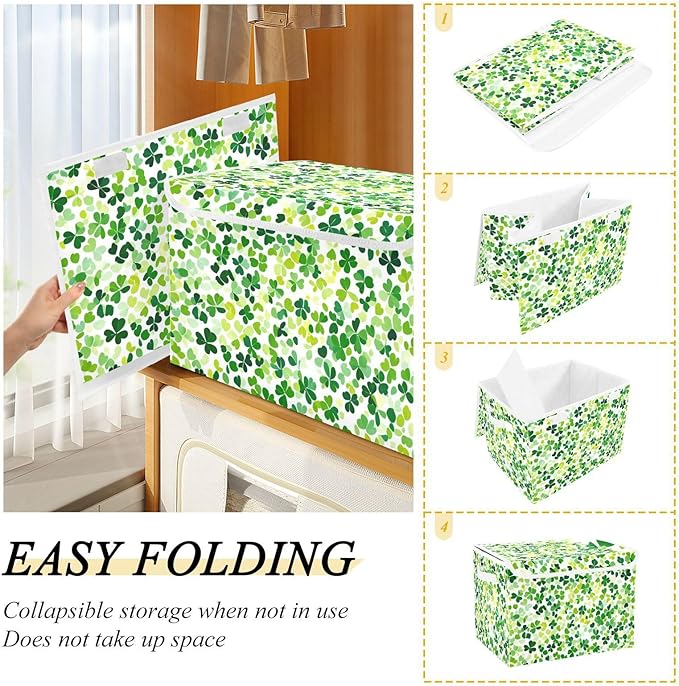 Collapsible Storage Bins with Lids Decorative Fabric Storage Cubes Closet Organizer and Storage Basket Boxes Containers for Clothes Box Chest Nursery Folding Rectangle Bright Green Clover St.
