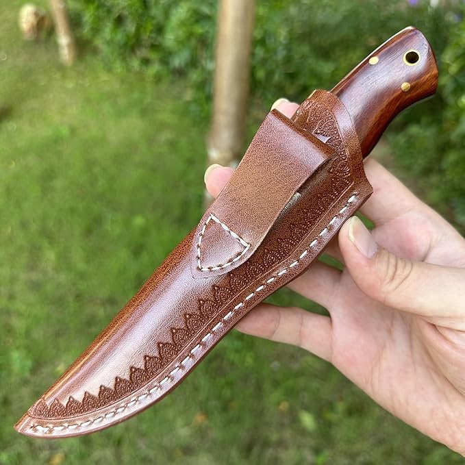 3.54 inches Bowie Knife Full-tang D2 Steel Fixed Blade Rosewood Handle Hunting Knife with Leather for Camping Hiking Survival