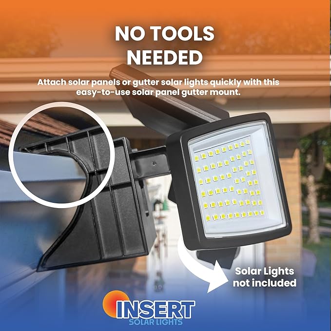 Insert Toolless 4 Pack Gutter Mount for Solar Lights – Easy No Drill Black Solarlights Gutter Mount – Weatherproof &amp Durable - Compatible with Tuffenough Solar Outdoor Lights 2500 LM