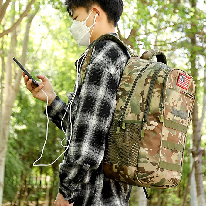 outdoor plus Camo BackpackMilitary Boys Backpacks for School40L Army Bookbag with USB Charging Port Waterproof