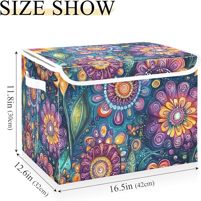Florals Art Storage Cube Bins Basket with Lid Collapsible Flip-top Fabric with Handle for Home Bedroom Closet Office 16.5×12.6×11.8 in