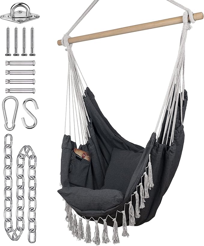 KOMOREBI Hammock Chair - Grey - 60 x 47 - Hanging Rope Swing for Indoor &amp Outdoor - Soft &amp Durable Cotton Canvas - 2 Cushions Included - Large Macrame Hanging Chair for Bedroom Patio Porch