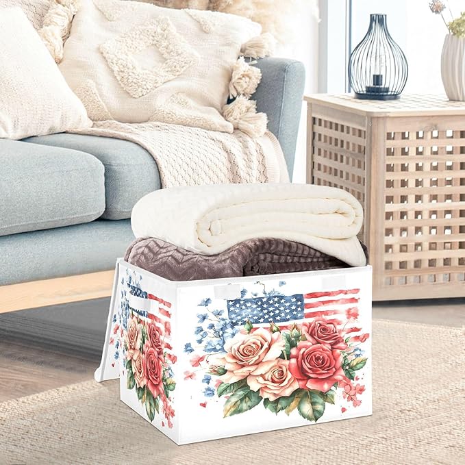 senya July Fourth Baskets Collapsible Storage Bins with Lids Roses Gypsophila Flag Storage Boxes Clothes Baskets for Organizing