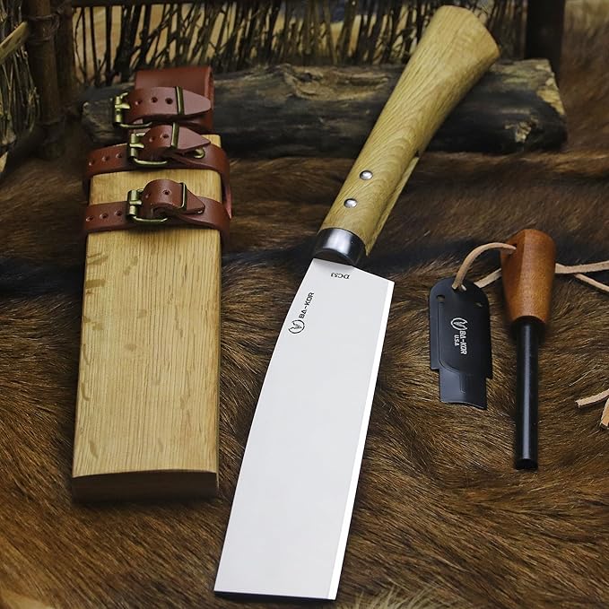 BA-KOR (Pioneer ) (15) DC53 steel 6mm thickened full Tang fixed knife+ Wooden sheath &amp(5.9IN) Cerium Igniter suitable for outdoor hunting cutting chopping camping obstacle removal explorati