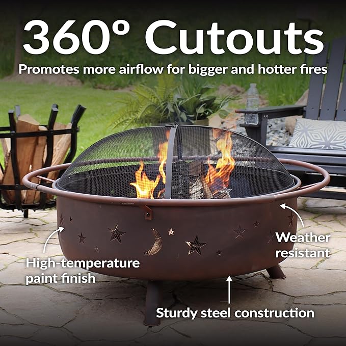 Sunnydaze Cosmic 42-Inch Large Outdoor Fire Pit - Wood-Burning Fire Pit with Round Spark Screen Poker and Built-in Grate