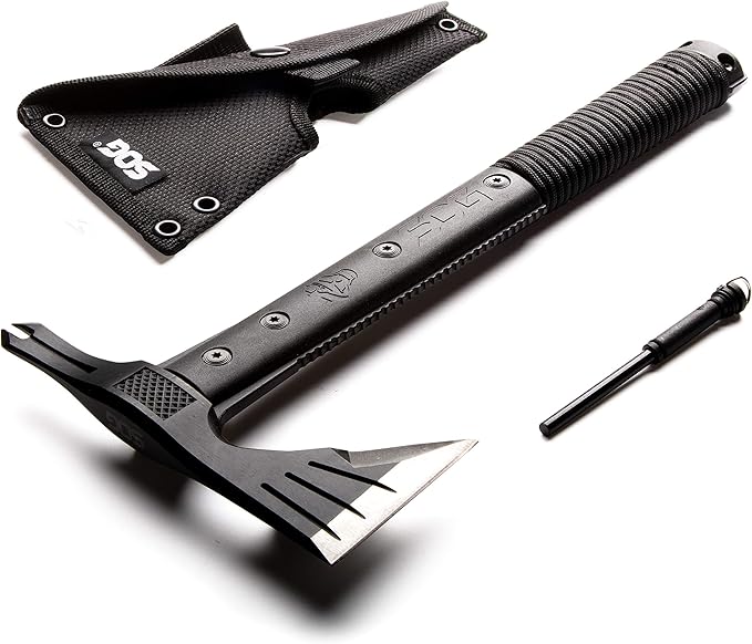 SOG Survival Hawk - Specialty Outdoor Tactical Hatchet Fire Starter Nail Puller &amp Entrenching Tool- 18.25 Inch Folding Survival Shovel