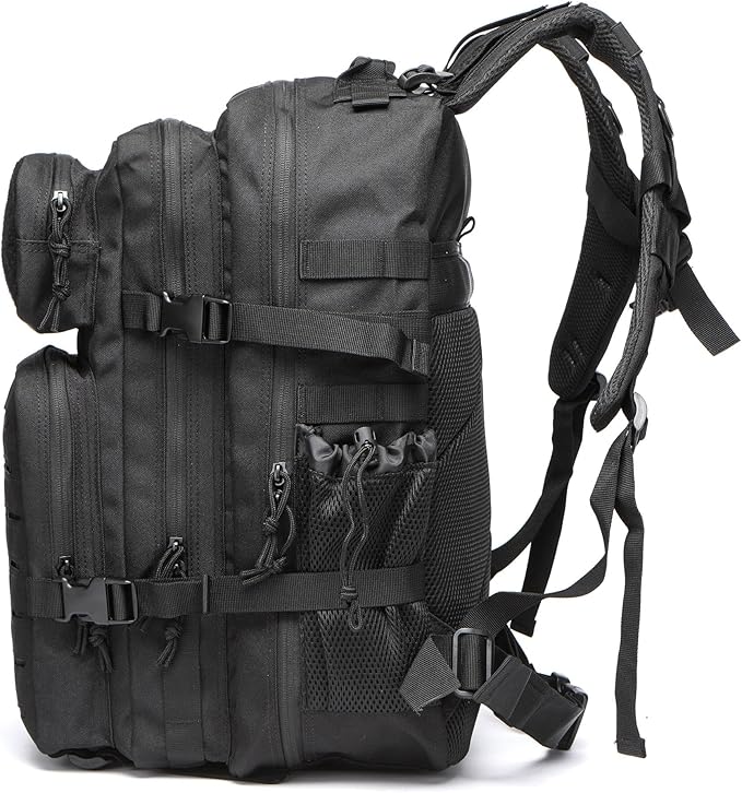 50L Tactical Military Backpack Waterproof Sturdy Bag for Hiking Camping Fishing Gym Backpack with Bottle Holder (ALL Black)