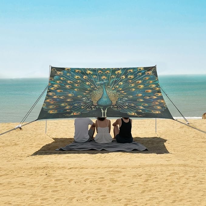 ALAZA Peacock Tail Beach Tent Sun Shelter Portable Canopy Sunshade for Outdoor Camping Picnics Backyard Fun 10x9 ft
