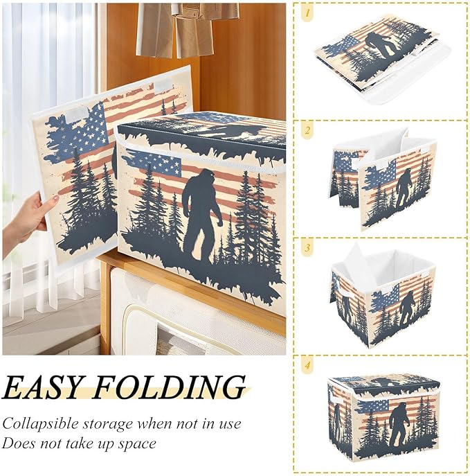 Sasquatch America Poster Storage Cube Bins Basket with Lid Collapsible Flip-top Fabric with Handle for Home Bedroom Closet Office 16.5×12.6×11.8 in