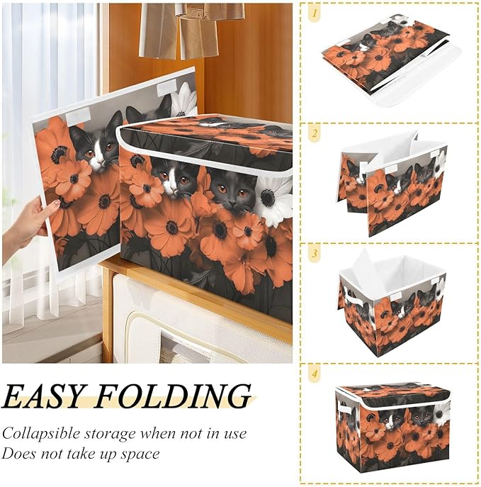 AIXIWAWA Lidded Storage Cube (Cats Flower) Fabric Foldable Closet Bins with Flip Lid and Handles Organizer Basket Container 16.5 x 12.6 x 11.8 IN