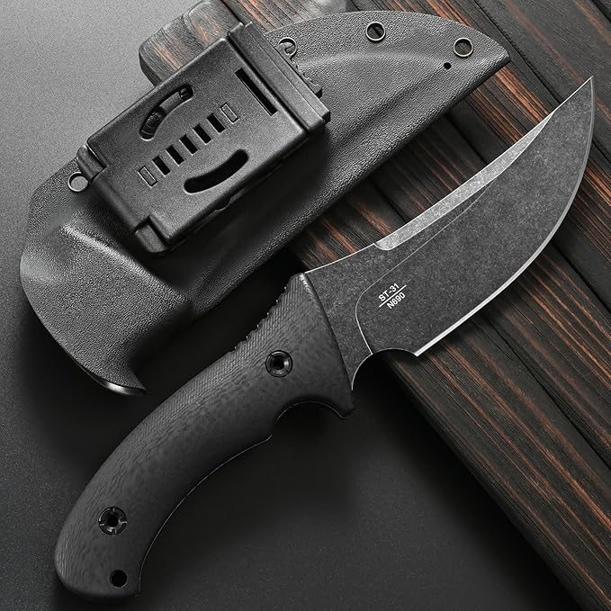 Sitivien ST31 Fixed Blade Knife N690 Black Stonewashed Steel Blade Carbon Fiber Handle Full Tang EDC Straight Knife for Outdoor Working Camping Hunting Fishing(Black)