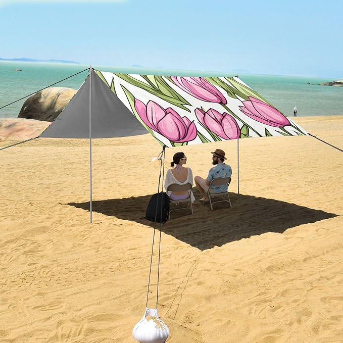 ALAZA Cute Doodle Spring Pink Tulips Beach Tent Sun Shelter Portable Canopy Sunshade for Outdoor Camping Picnics Backyard Fun 10x9 ft