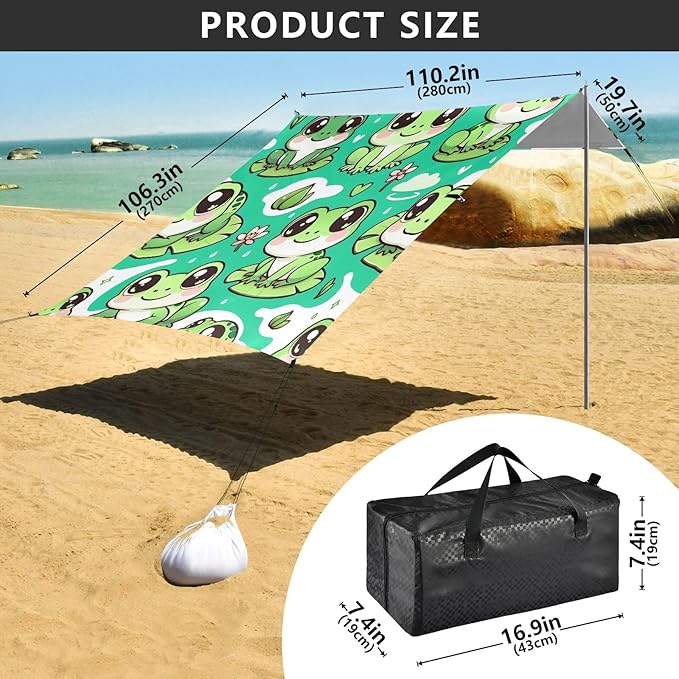 Cute Frogs Green Beach Tent Sun Shelter Set UPF50+ UV Protection 10.5 x 9.19 FT Camping Shade Canopy with Sandbags Sand Anchors Carrying Bag and Others