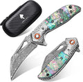 Damascus Pocket Knife for Women 2.95 Sharp Damascus Steel Blade Abalone Shell Handle EDC Folding Knives for Camping Hiking