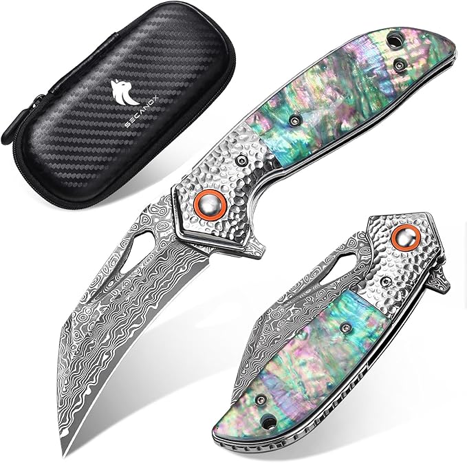 Damascus Pocket Knife for Women 2.95 Sharp Damascus Steel Blade Abalone Shell Handle EDC Folding Knives for Camping Hiking