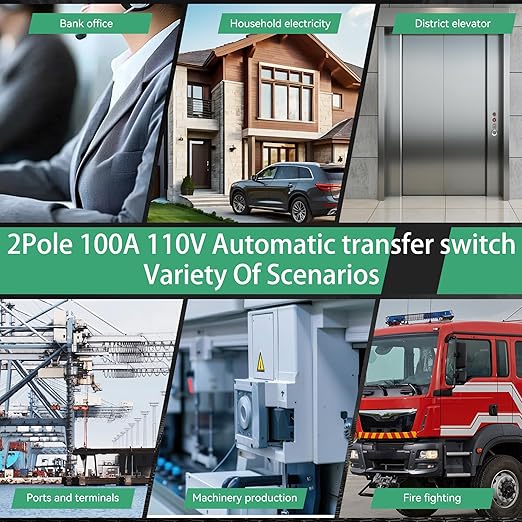 100amp AC110V Automatic Transfer Switch with LED Display 50/60Hz 2P ATS Auto Dual Power Outdoor Changeover Switch for Home GeneratorL1 Priority Din Rail Mount CE Certified Selector Transfer Switches