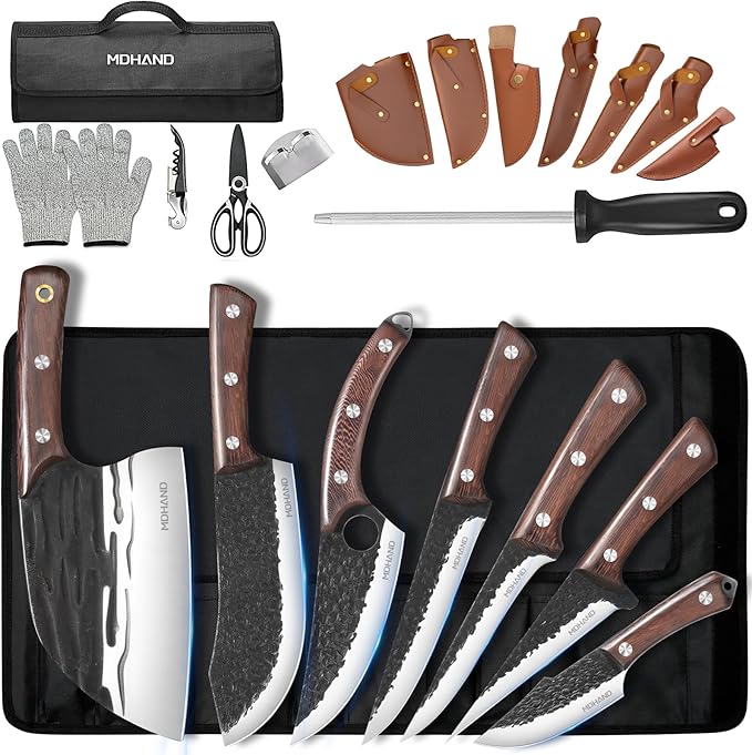 MDHAND Butcher Knife Set 18PCS Hand Forged Viking Kitchen Serbian Chef Knife with Roll Bag Heavy Duty Meat Cleaver &amp Brisket Knives for BBQ Outdoor Camping Meat Cutting Tools Gifts for Men Wo