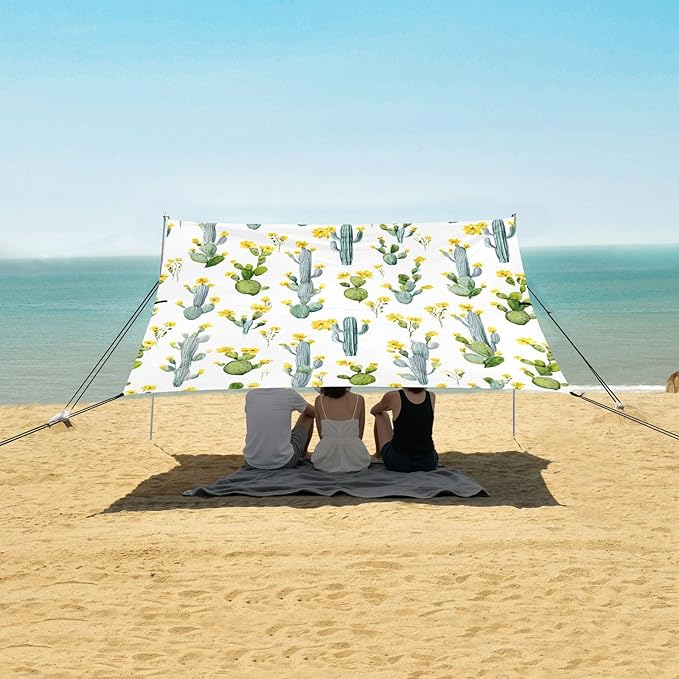 ALAZA Watercolor Cactus Cacti Beach Tent Sun Shelter UPF50+ Protection Beach Shade Canopy w/ 4 Sandbags for Outdoor Camping Fishing Backyard Fun Picnic 10x9 ft