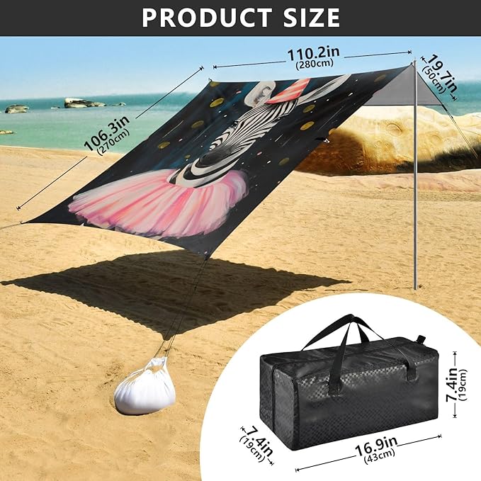 ALAZA Cute Party Zebra Wearing Skirt Beach Tent Sun Shelter Portable Canopy Sunshade for Outdoor Camping Picnics Backyard Fun 10x9 ft