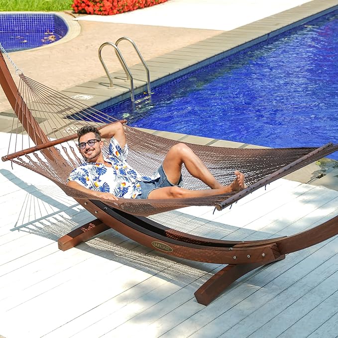 Lazy Daze Hammocks 10.5 FT Double 2 Person Caribbean Rope Hammock Hand Woven Polyester Hammock with Spreader Bars for Outdoor Backyard Patio Poolside 450 LBS Capacity Brown