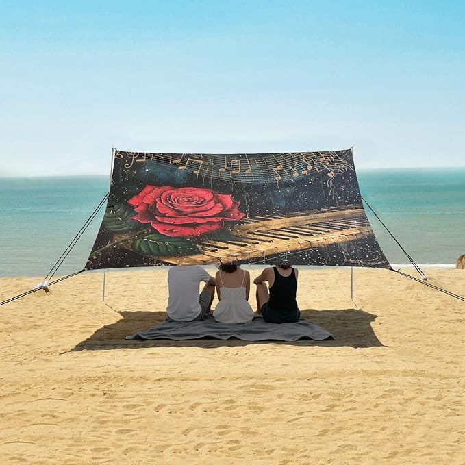 ALAZA Rose on Piano Musical Note Starry Beach Tent Sun Shelter Portable Canopy Sunshade for Outdoor Camping Picnics Backyard Fun 10x9 ft
