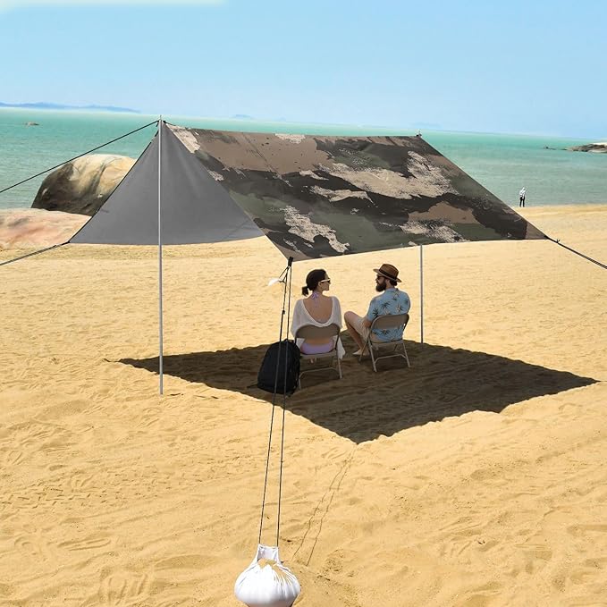Camouflage with Grunge Elements_1 Beach Cabana UPF50+ Waterproof Portable Sun Shelter Includes Sand Shovel Sandbags Stability Poles for Camping Picnics Backyard